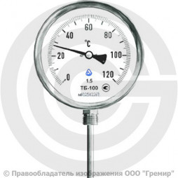 Термометр биметаллический радиальный ТБ-100 G 1/2 Ру-25 от 0°C до +200°C, ножка 100 мм