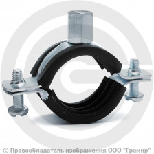 Хомут крепежный оцинкованный с резиновой прокладкой Ду-25 (Дн 32-36) (1") М8/М10 б/к Strongman